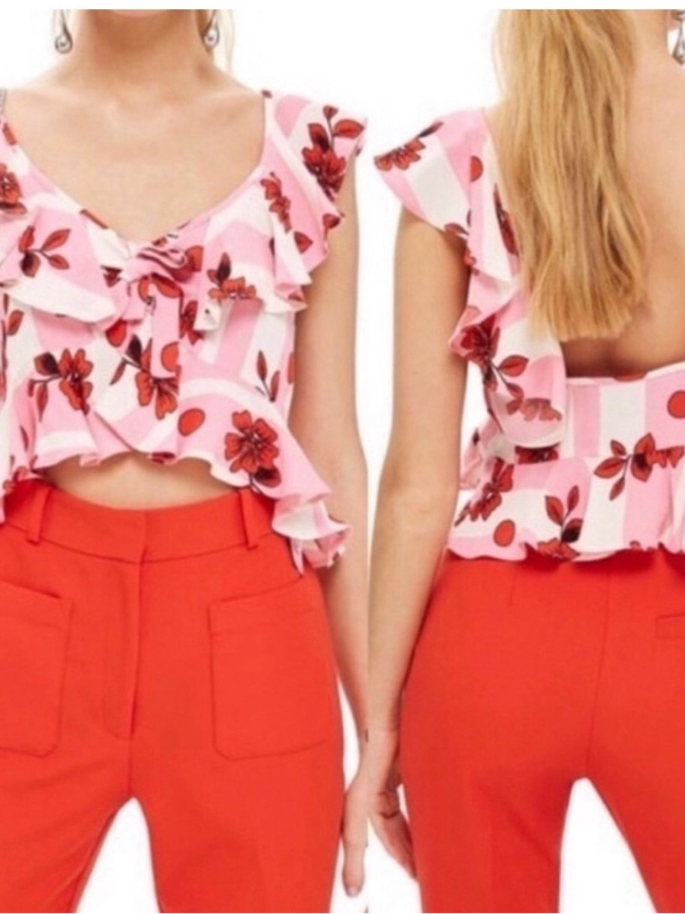 Topshop Pink and Red Floral Ruffle Crop Top